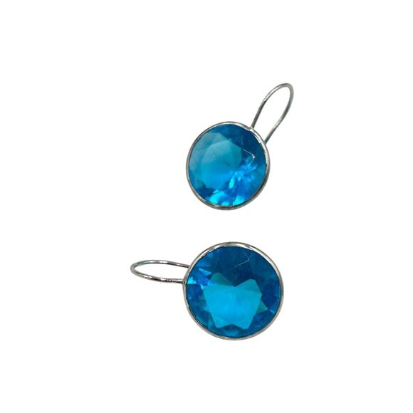 Sterling Silver Blue Earrings Crystal Round Drop Dangles Hook Earrings Aqua Blue - Picture 1 of 7